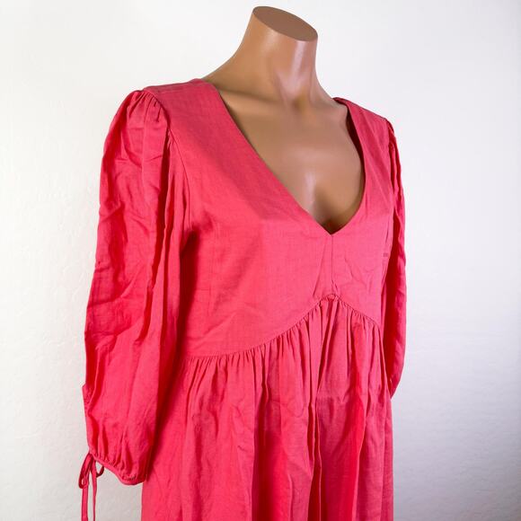 Every 3/4  Sleeve V-Neck Linen Blend Mini Dress Pink Barbiecore Summer Sz S NWT - Picture 2 of 8